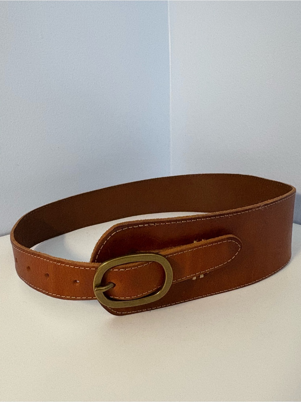 Anthropologie Cognac Leather Waist Belt with Brass Oval Buckle sz S